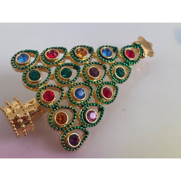Vintage 1980s Goldtone Rhinestone Christmas Brooch - Picture 2 of 6